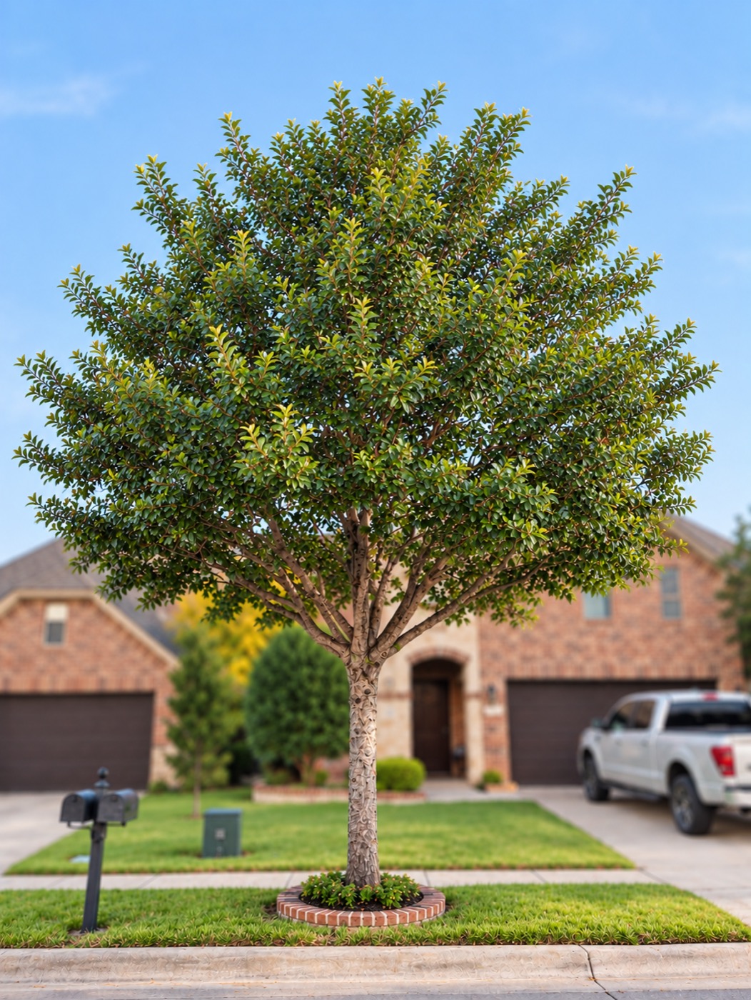 Professionally shaped ornamental tree in a North Texas yard
